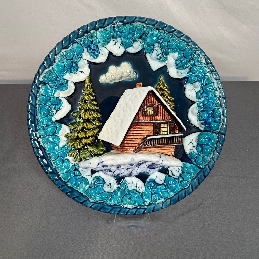 Vintage 3D Ceramic Cabin Winter Scene Wall Plate Decorative Collectible Art